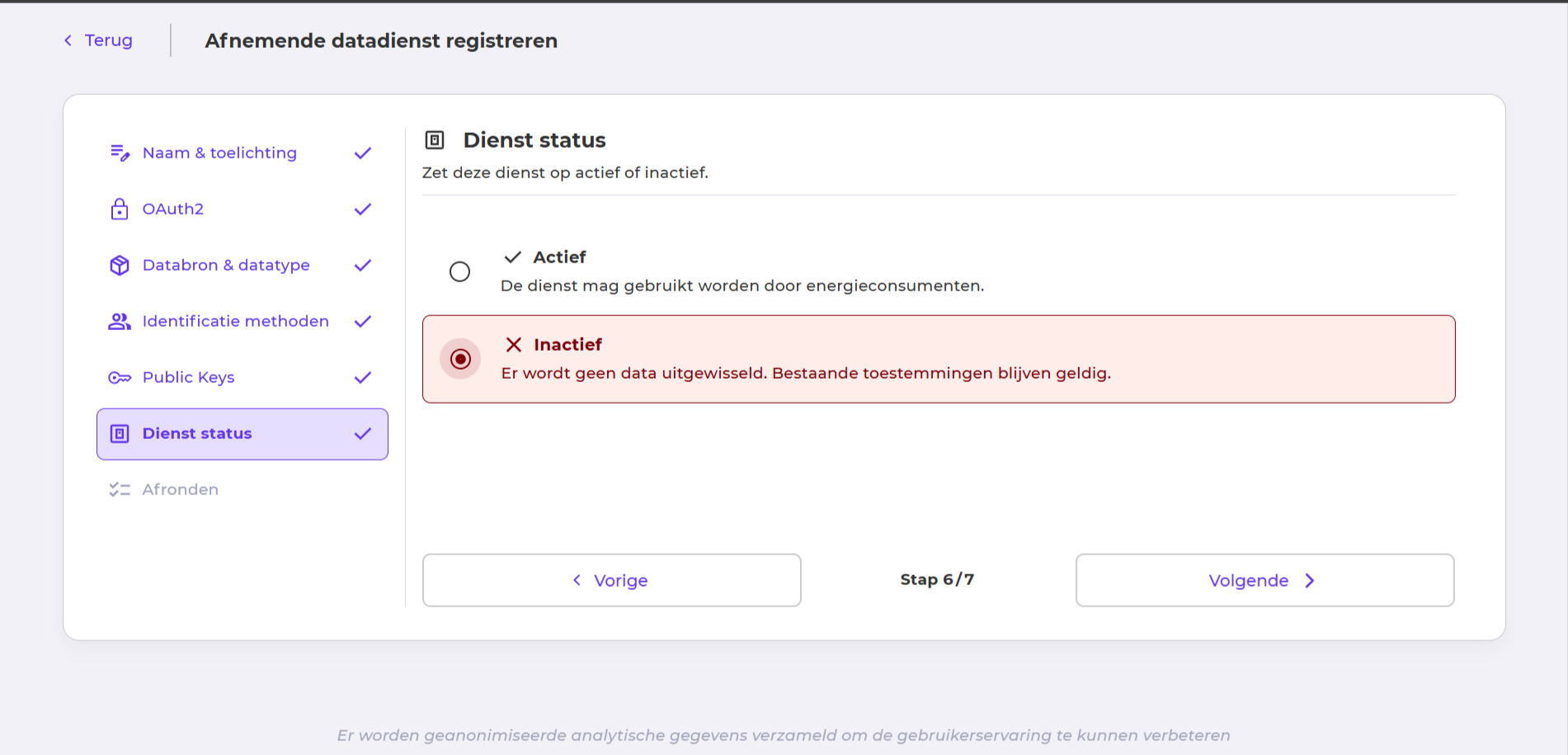 dienst registratie actief nonactief